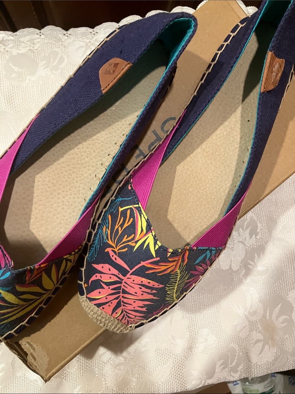 Sperry Navy Floral Espadrilles with Pink Straps
